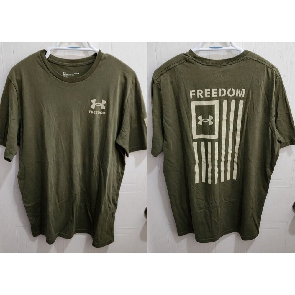Under Armour Green Freedom USA American Flag Short Sleeve T Shirt Loose Size L